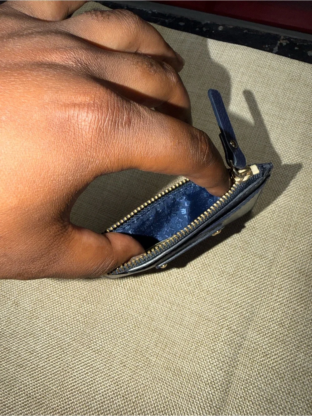 kate spade Navy Pebbled Leather Zip Card Wallet with Gold Accents